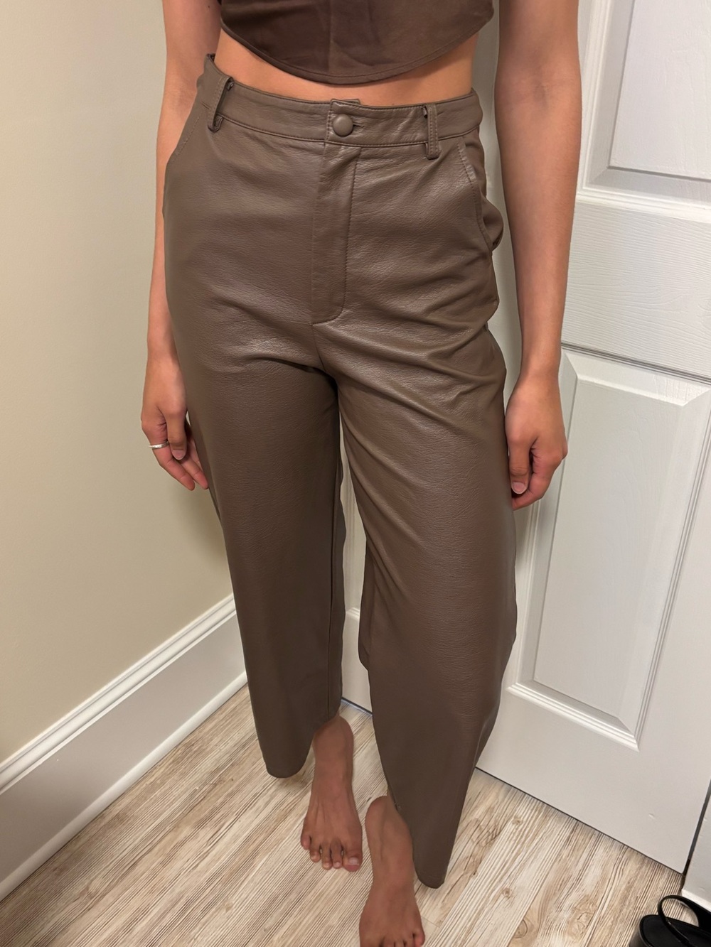 High-Rise Faux Leather Pants in Taupe